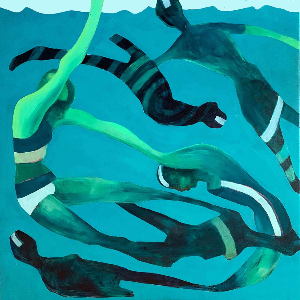 Obraz olejny na płótnie przedstawiający pływających ludzi. Autorem jest węgierska artystka Kitti Gebler.