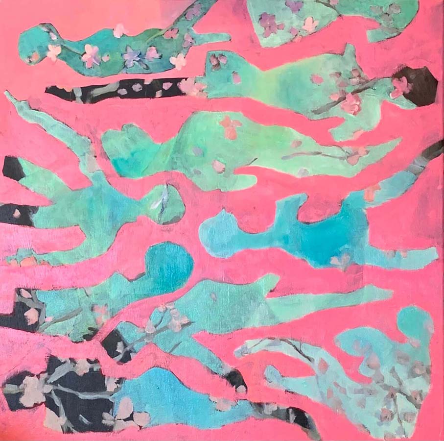 Obraz w kolorystyce różowo turkusowej, artystki Kitti Gebler.