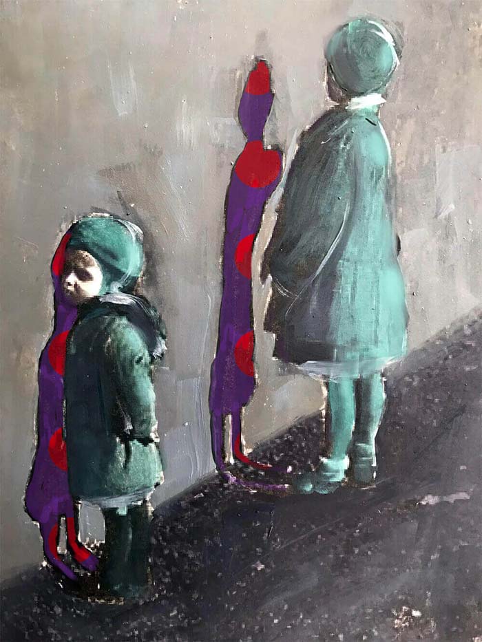 Dwoje dzieci w płaszczach i czapach przy ścianie na obrazie olejnym.